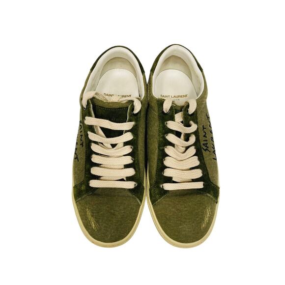 SAINT LAURENT Olive Distressed Canvas Court Logo Embroidered SL/06 Sneakers 36.5 - Picture 5 of 12
